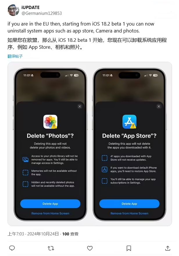 巴楚苹果手机维修分享iOS 18.2 支持删除 App Store 应用商店 